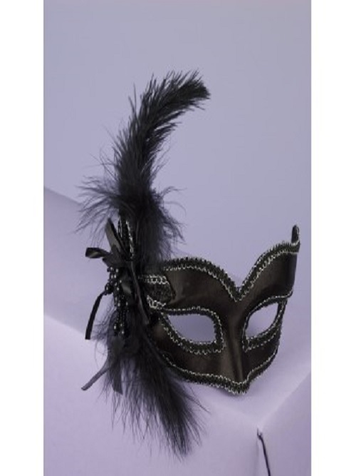 Black feathered mask