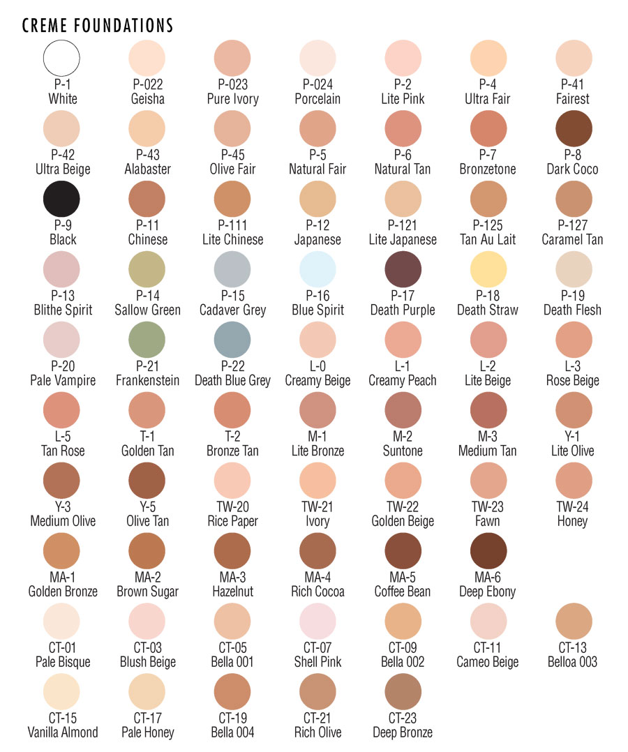 Ben Nye Creme Foundation Color Chart